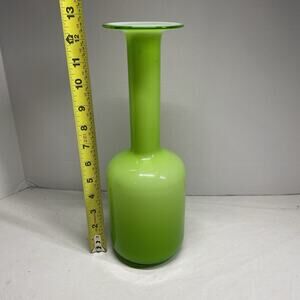 LSA International Blown Art Glass Vase Lime Green White Cased 12.5 Inches Poland